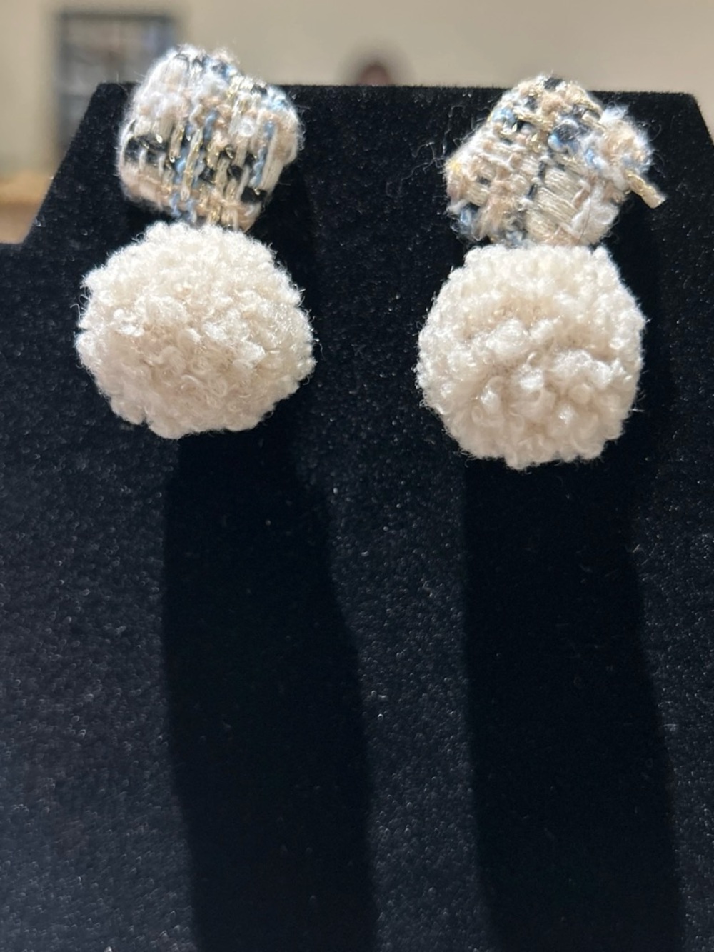 Tweed Pom Pom Drop Earrings - Cream